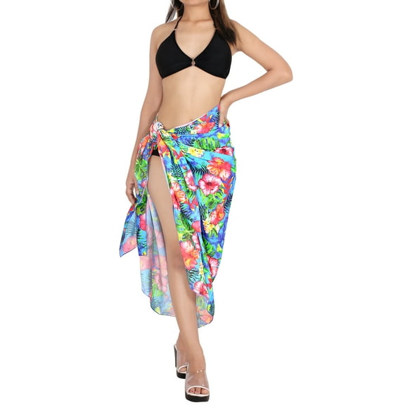 LA LEELA Women's Summer Beachwear Sarong Coverups Swimsuit Wrap Skirt Swim Cover up Bikini Beach Wraps for Women One Size Tropical Floral, Blue