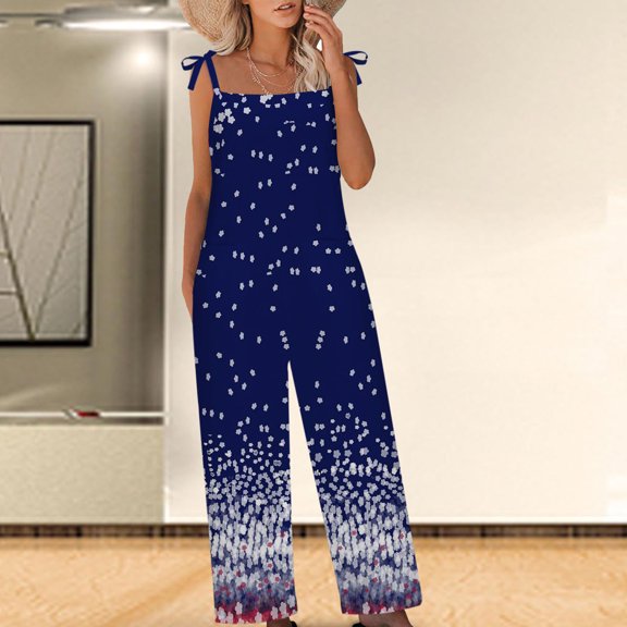 Virmaxy Jumpsuits for Women Independence Day Star Spangled Print Rompers Sleeveless Adjustable Straps Coveralls Wide Leg Overalls For Women Loose Fit Blue S