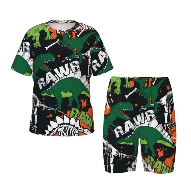 Lsque Dinosaur Skeleton Pattern Girls' Sleeve Top and Shorts Snug Fit Cotton 2 Piece Lightweight Pajama Sets-Medium