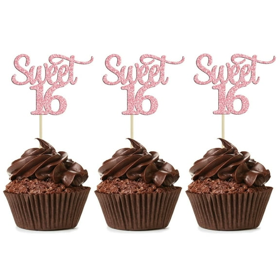 12pcs Sweet 16 Cupcake Toppers Pink Glitter 16th Birthday Cake Pick Decorations for 16th Birthday Anniversary Party Supplies