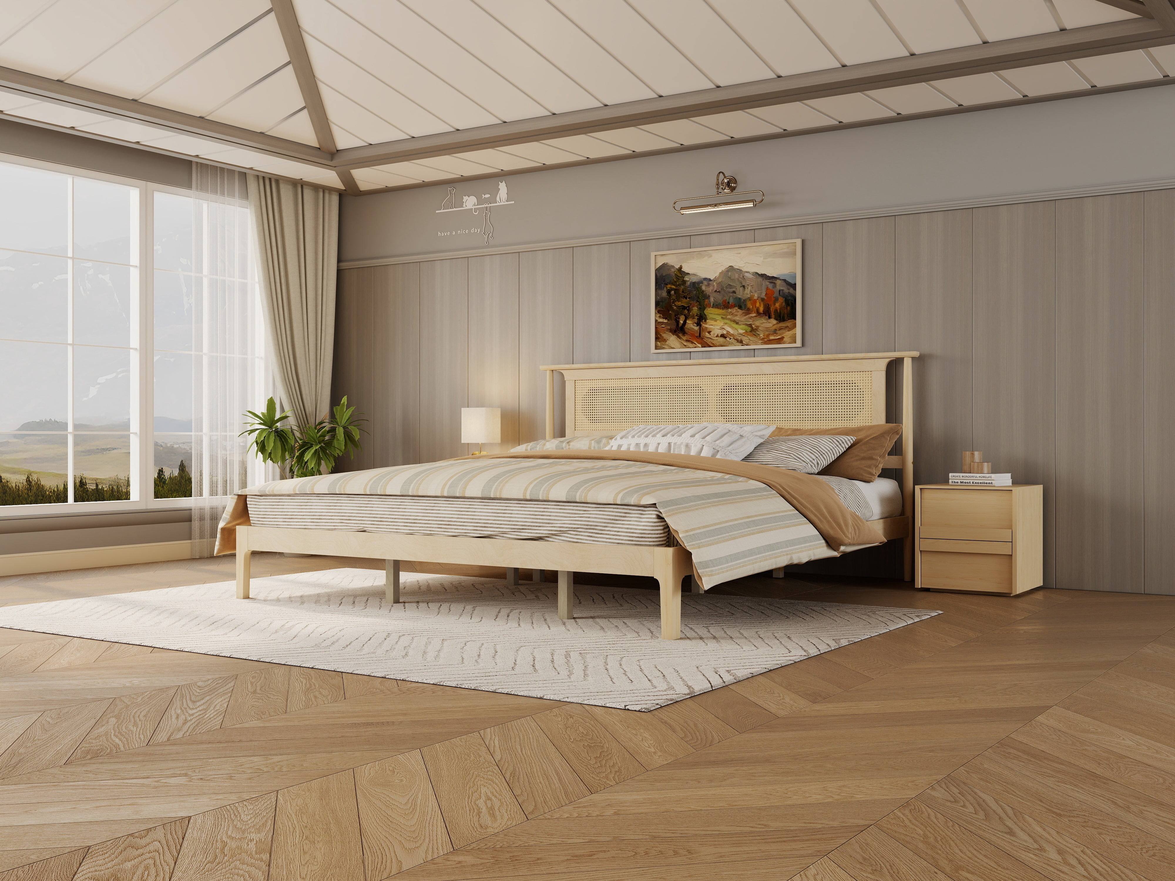 Mintazer Vintage King Size Pine Platform Bed Frame with Rattan Headboard for Bedroom,No Box Spring Needed, Natural