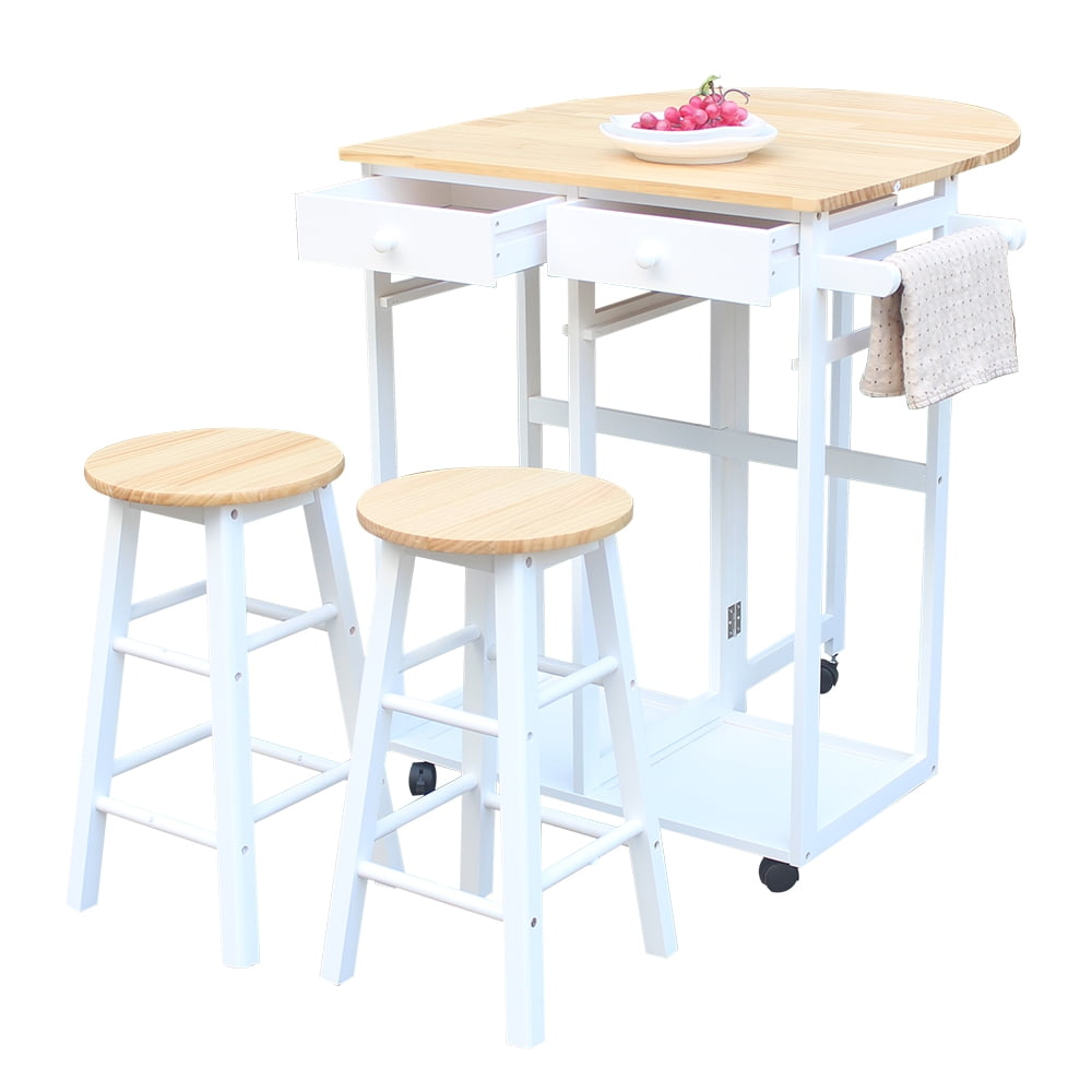 Kepooman 3-Tier Rolling Kitchen Cart, Folding Storage Cart with 2 Free Stools Kepooman 3-Tier Rolling Kitchen Cart, Folding Storage Cart with 2 Free Stools