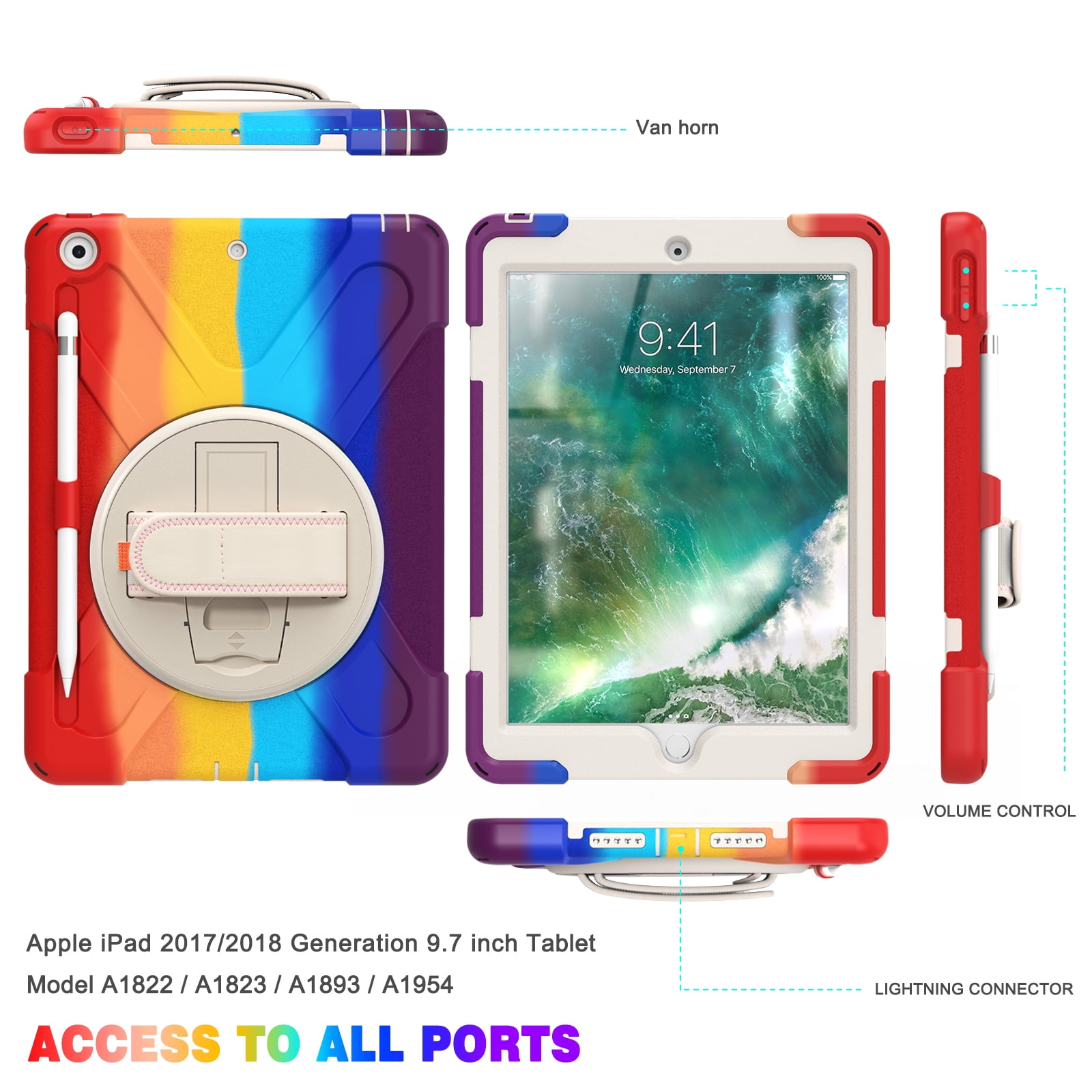 iPad 6th/5th Generation Case Kids, iPad 9.7 Case with Pencil Holder, Heavy Duty Shockproof Protective Rugged iPad 9.7 Case with Stand/Hand Strap for iPad Air 9.7-inch 2018/2017 - Rainbow Red