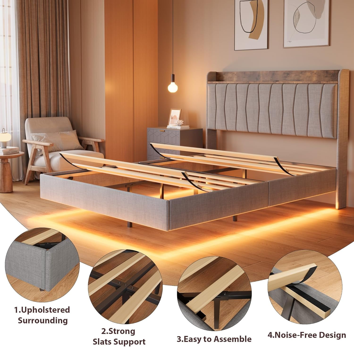 Floating Bed Frame Full with LED Lights & USB Charging, Modern Upholstered Platform, Headboard, No Box Spring, Grey