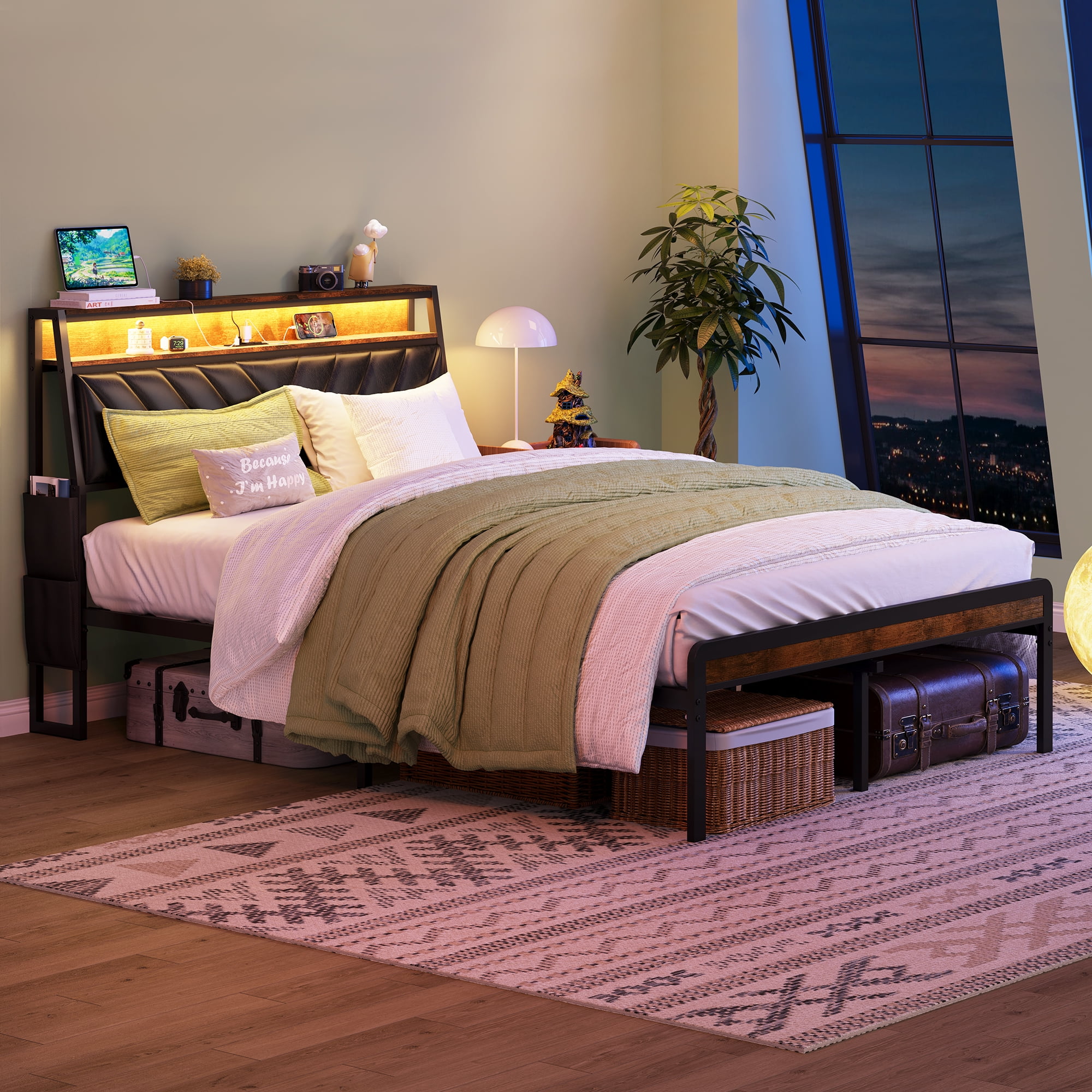 Yoneston Queen Size Platform Bed Frame with Ergonomic Tilted Upholstered Headboard, Storage LED Bed Frame with Charging Station for Kids, Adult - Brwon