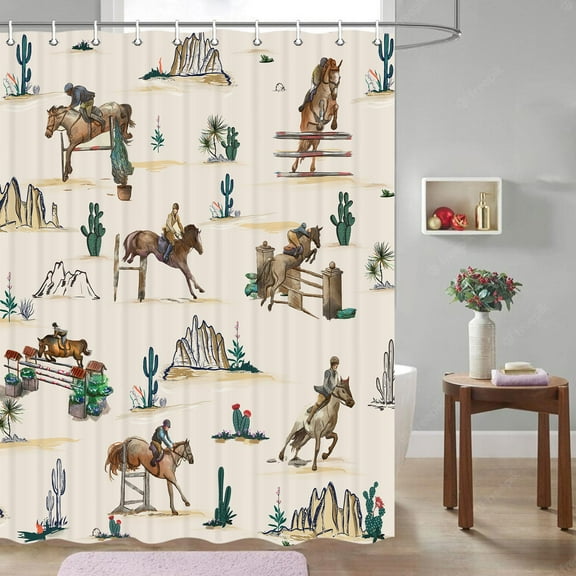 Western Cowboy Shower Curtain Cactus Farmhouse Country American Wild West Cowboy Riding Horse in Desert Hand Drawn Home Bathroom Decor Waterproof Fabric 60X70 Inch with Hooks