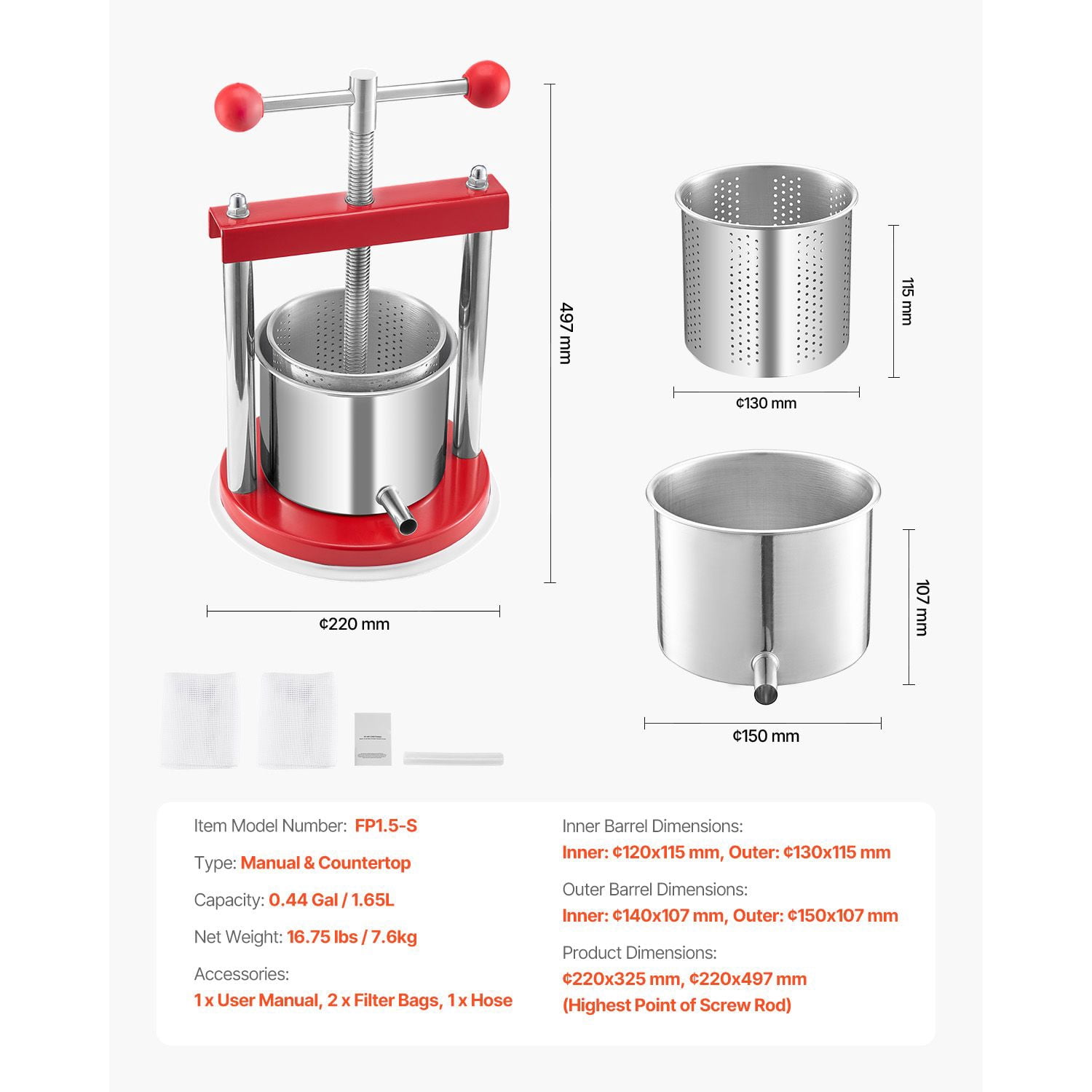 0.44 Gal Fruit Wine Press with 304 Stainless Steel, Manual Juice Maker, 2 Filter Bags, T-Handle, for Apple Grape Olive Oil Pressing