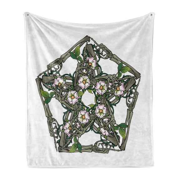 Pentacle Soft Flannel Fleece Throw Blanket, Halloween Themed Pentagram with Skeleton Bones and Dog-rose Flowers, Cozy Plush for Indoor and Outdoor Use, 70" x 90", Slate Brown Multicolor, by Ambesonne