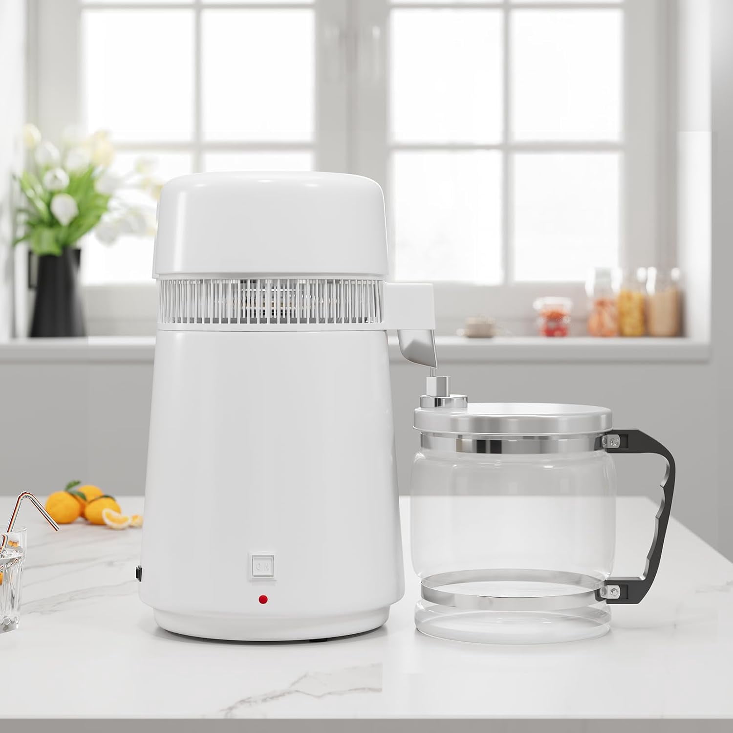 OUTGOODS Countertop Water Distiller 1Gal/4L-6L, 750W-900W, Stainless Steel, White Plastic/Glass