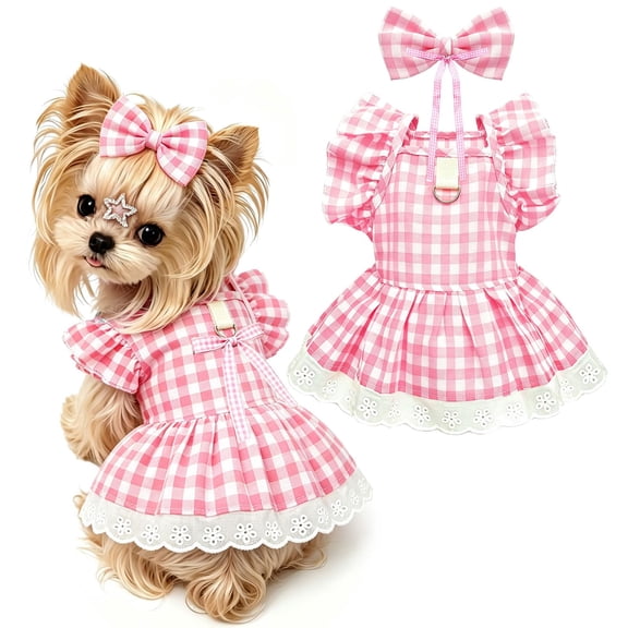 Small Pet Harness Dress Outfit with Bow Accessory, Breathable Summer Ruffle Pet Clothes with Built‑in D‑Ring for Walking for Small Dogs and Cats