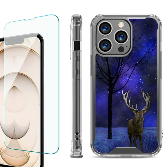 Shockproof Bumper Phone Case for iPhone 13 Pro Max, with Tempered Glass Screen Protector, by OneToughShield ® - Midnight Deer