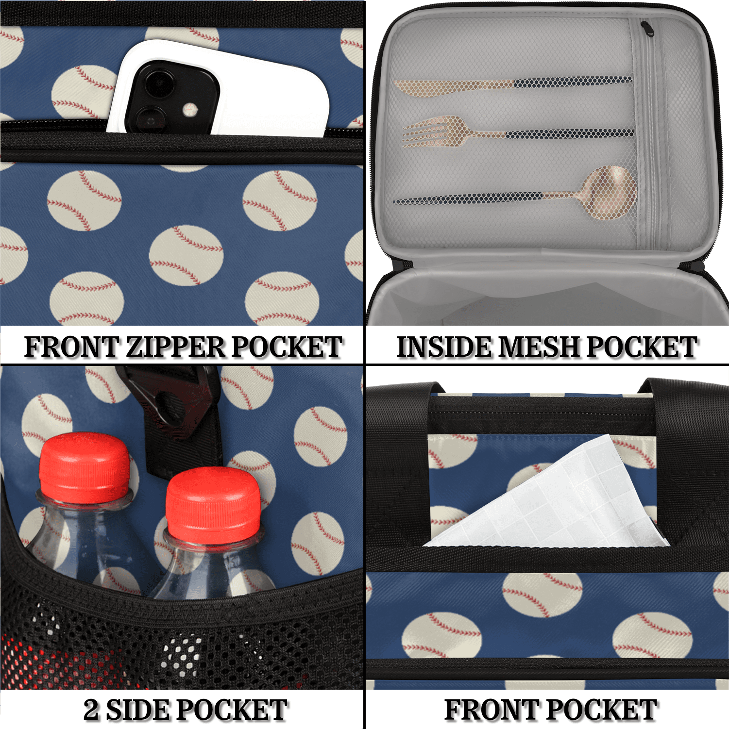 Herdesigns Baseball Navy Blue Insulated Large Lunch Bag Lunchbox Reusable Leakproof Cooler Bags with Shoulder Strap for Adult Men Women Work Picnic