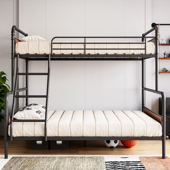 Convertible Twin Over Full Metal Bunk Bed Frame – High Guardrails, Angled Ladder – Heavy Duty, Space-Saving, No Box Spring Needed – Black Vintage Color Palette