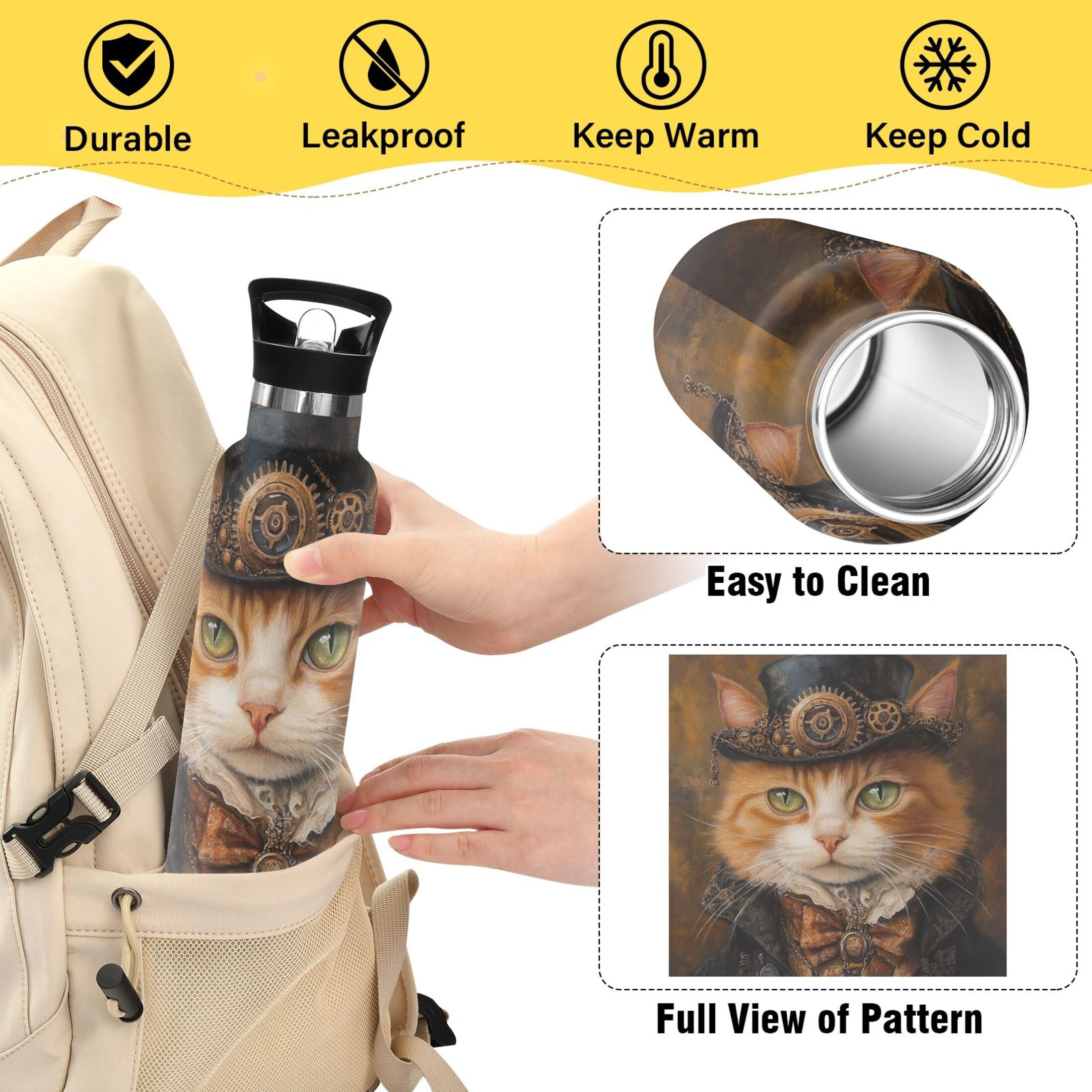 600ML Stainless Steel Insulated Cup Sports Water Bottle Portable Thermos Cup Water Glasses Insulated Tumblers Convenient and Durable Jazz Cat