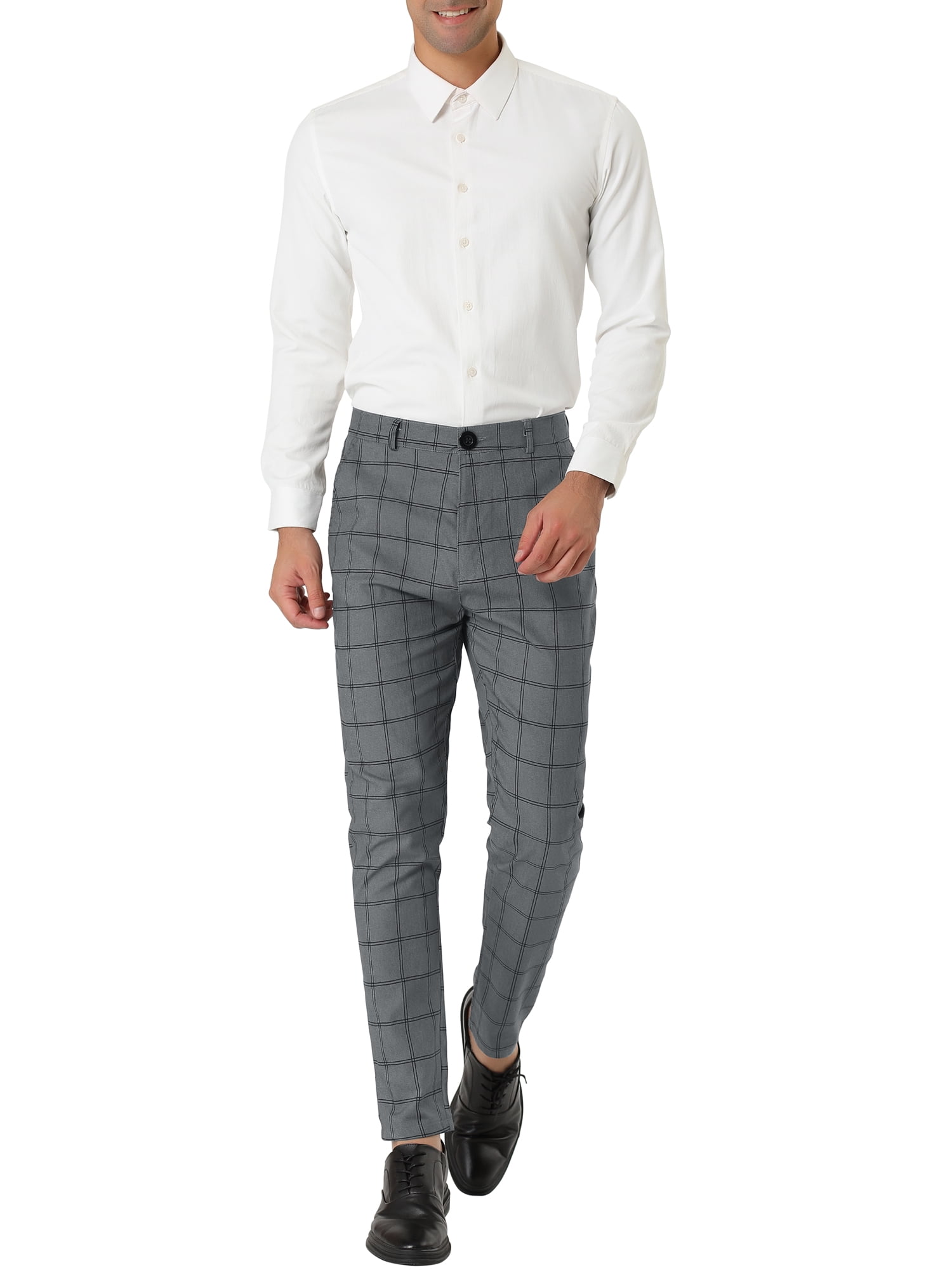 Unique Bargains Men's Slim Fit Plaid Business Pants Trousers with Pockets 38 Dark Gray