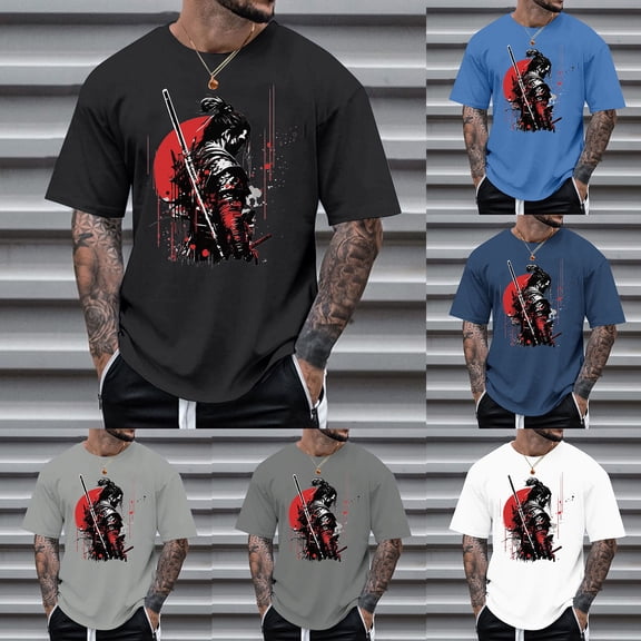 TrendOFT Summer Shirts for Men Japanese Samurai Sword Graphic Print 100% Cotton Short Sleeve Crew Neck Loose Mens Tops Black L