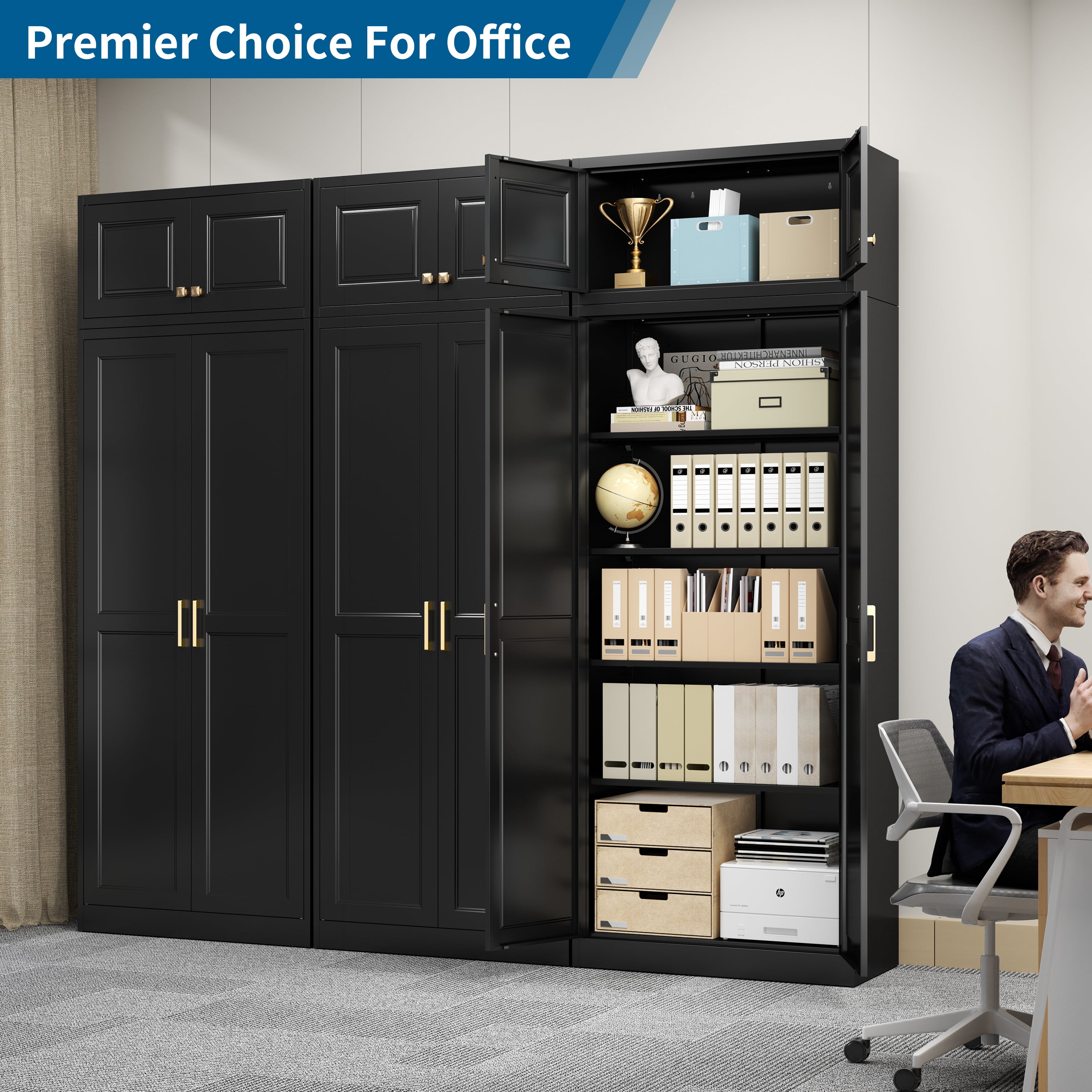Polup 86" Height Modern Metal Pantry Storage Cabinet with Doors and Adjustable Shelves Black for Living Room Kitchen and Home