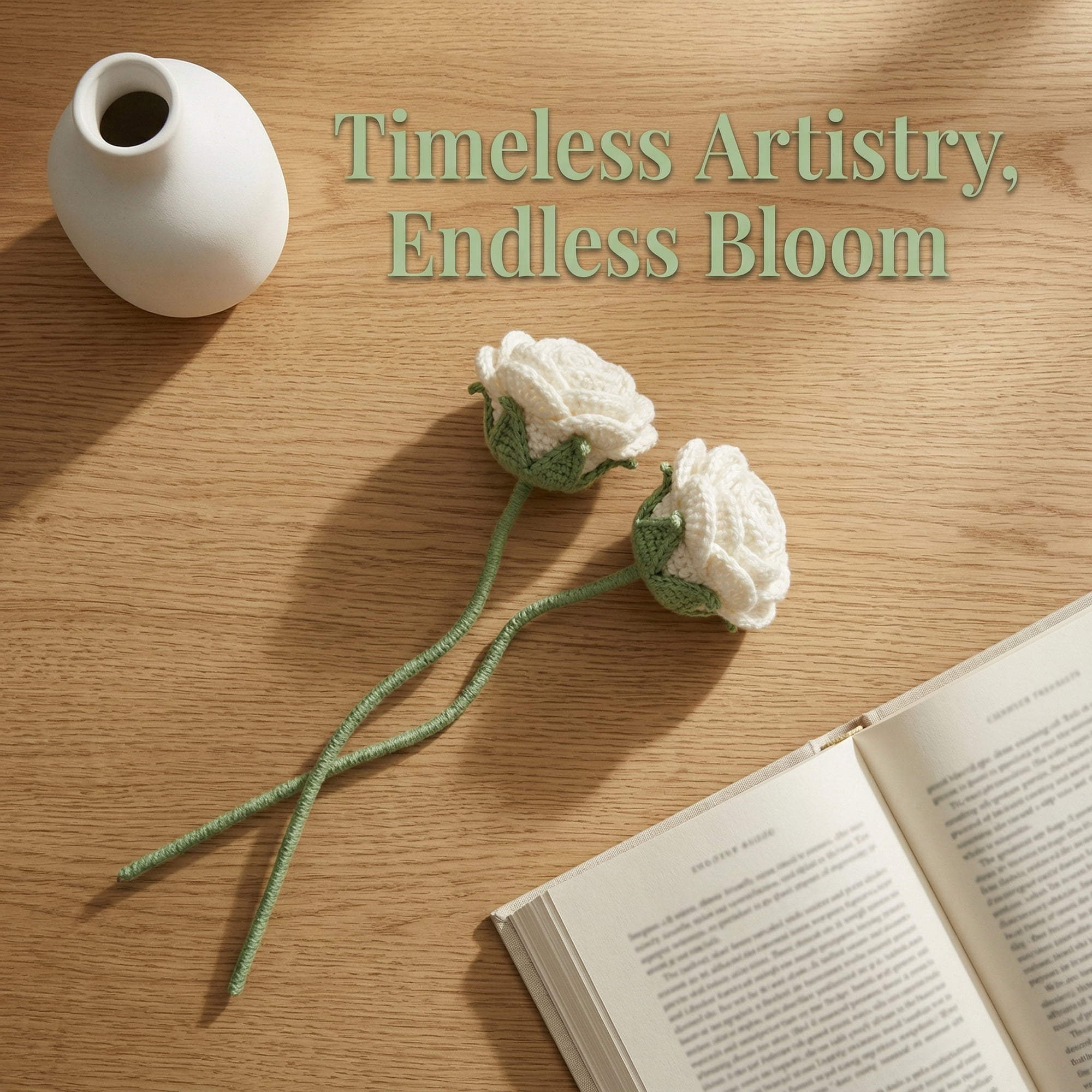 Unique Bargains 2Pcs Handmade Crochet Long Stem Realistic Fake Roses White