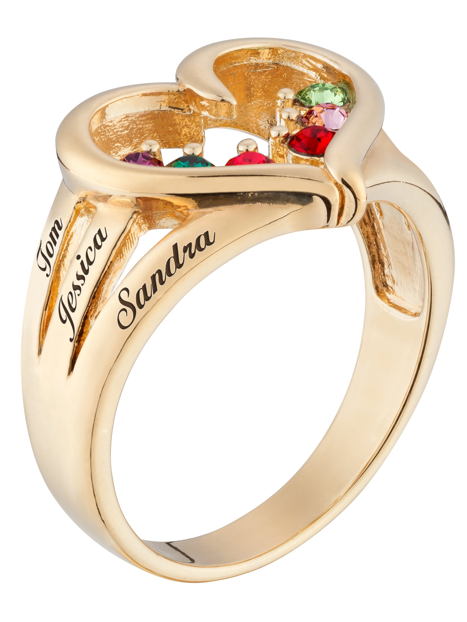 Personalized Planet Family Sterling Silver or 18kt Gold over Sterling Birthstone Heart and Name Ring ,Women's