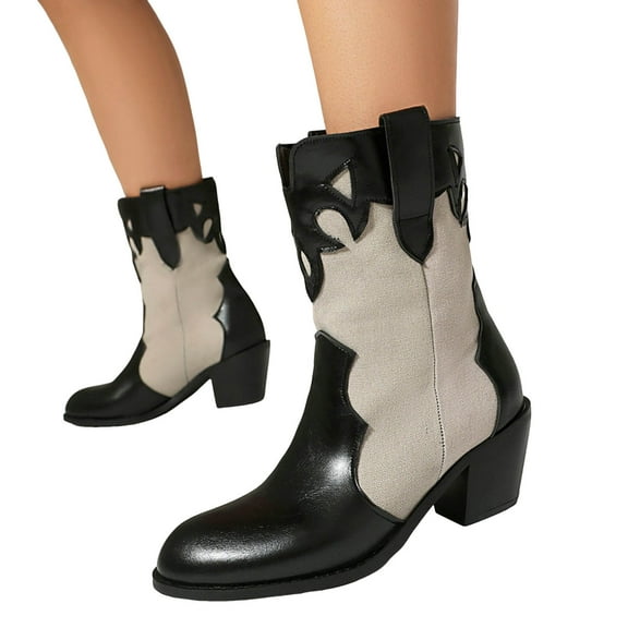 Patchwork Cowboy Boots for Women Fashion Color Block Leather Denim Stacked Heel Wide Mid Calf Cowgirl Boots