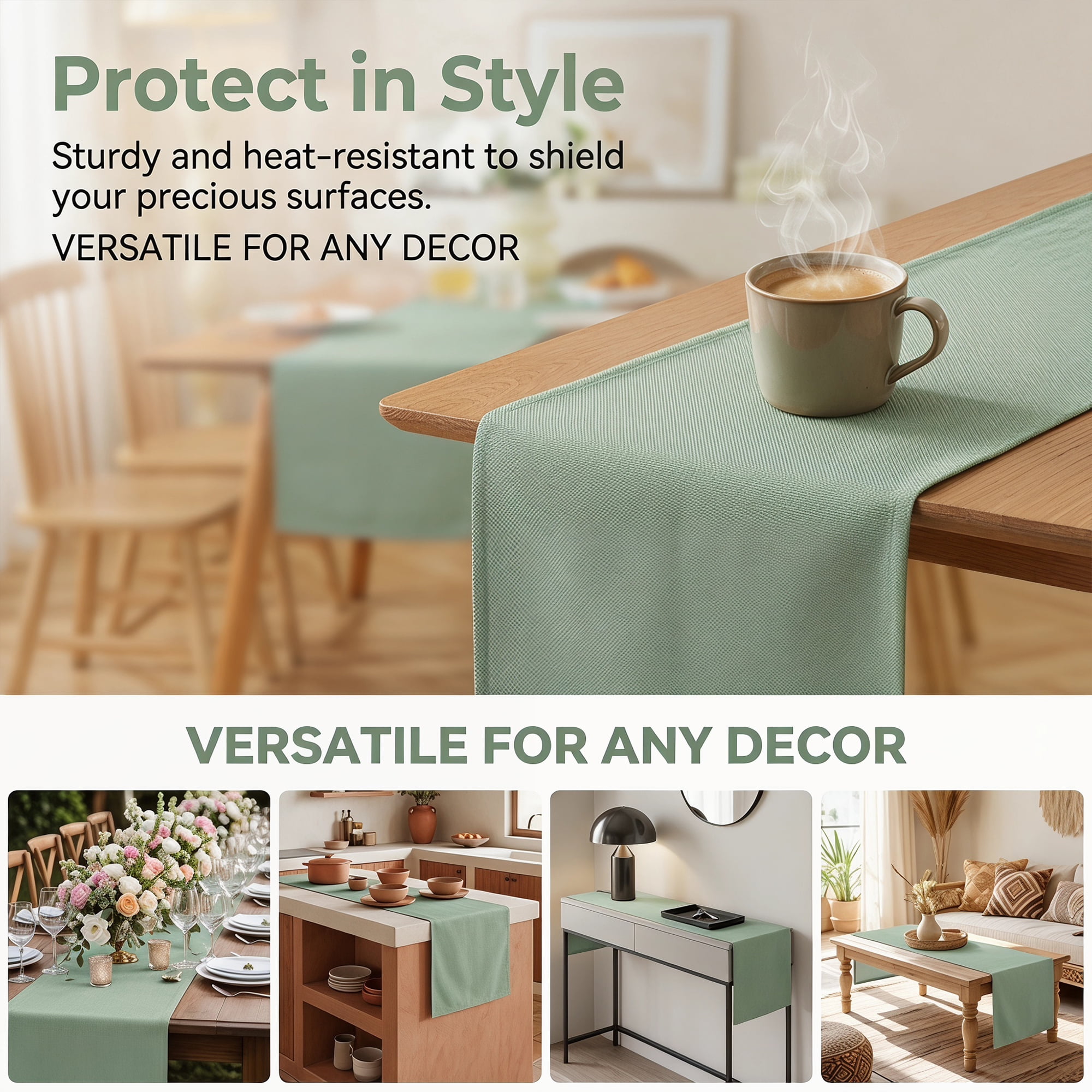 Washable Polyester Kitchen Runner for Dining Table Decoration Green 13" x 60.2"