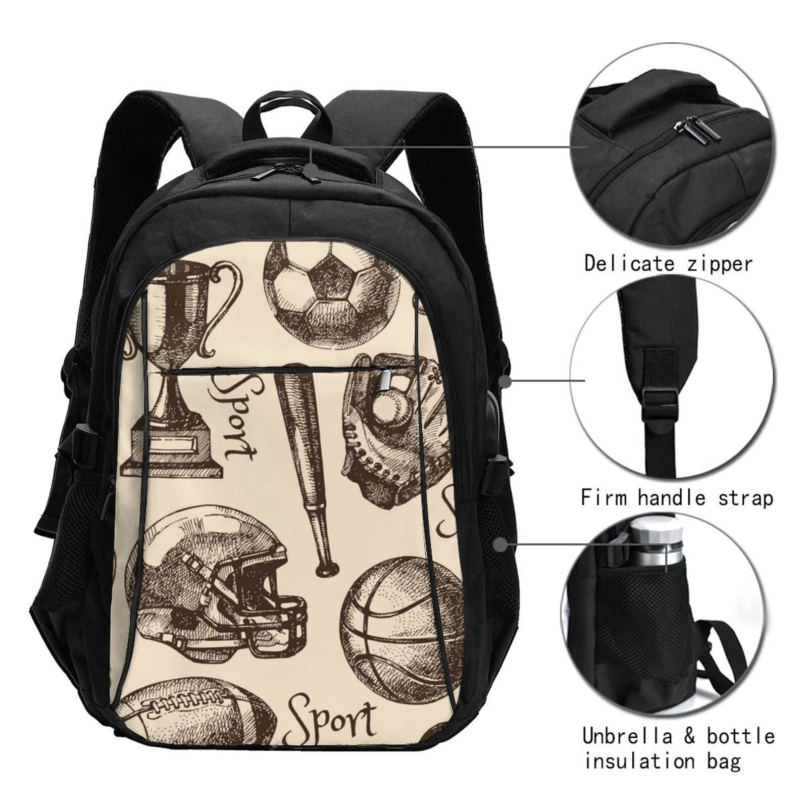 Sport Baseball Football Basketball Laptop Backpack with USB Charging Headphone Port Casual Daypack Bag College Business Travel