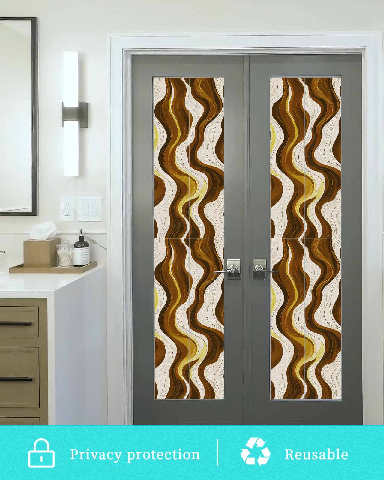 Window Privacy Film Geometric Brown Stained Glass Window Film Decorative Sun Block Window Cover Gold Vintage White Stripe Coastal Sea Wave Window Clings Static Sticker for Bathroom 17.7"x78.7"
