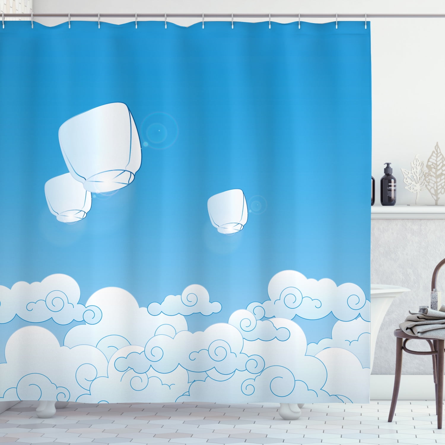 Cloud Shower Curtain, Traditional Lantern Motif Floating Away in the