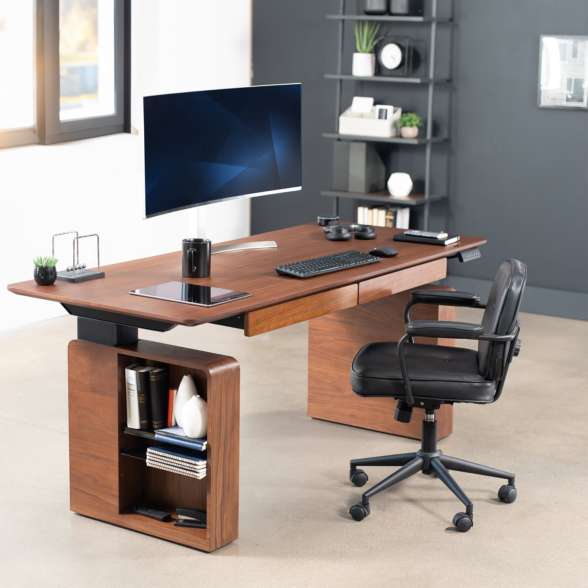 VIVO Walnut 71" x 30" Dual Motor Electric Executive Desk with Storage