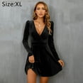 thumbnail image 2 of Womens Wrap V Neck Long Sleeve Velvet A Line Party Swing Fit and Flare Skater Mini Dress - Black, 2 of 5