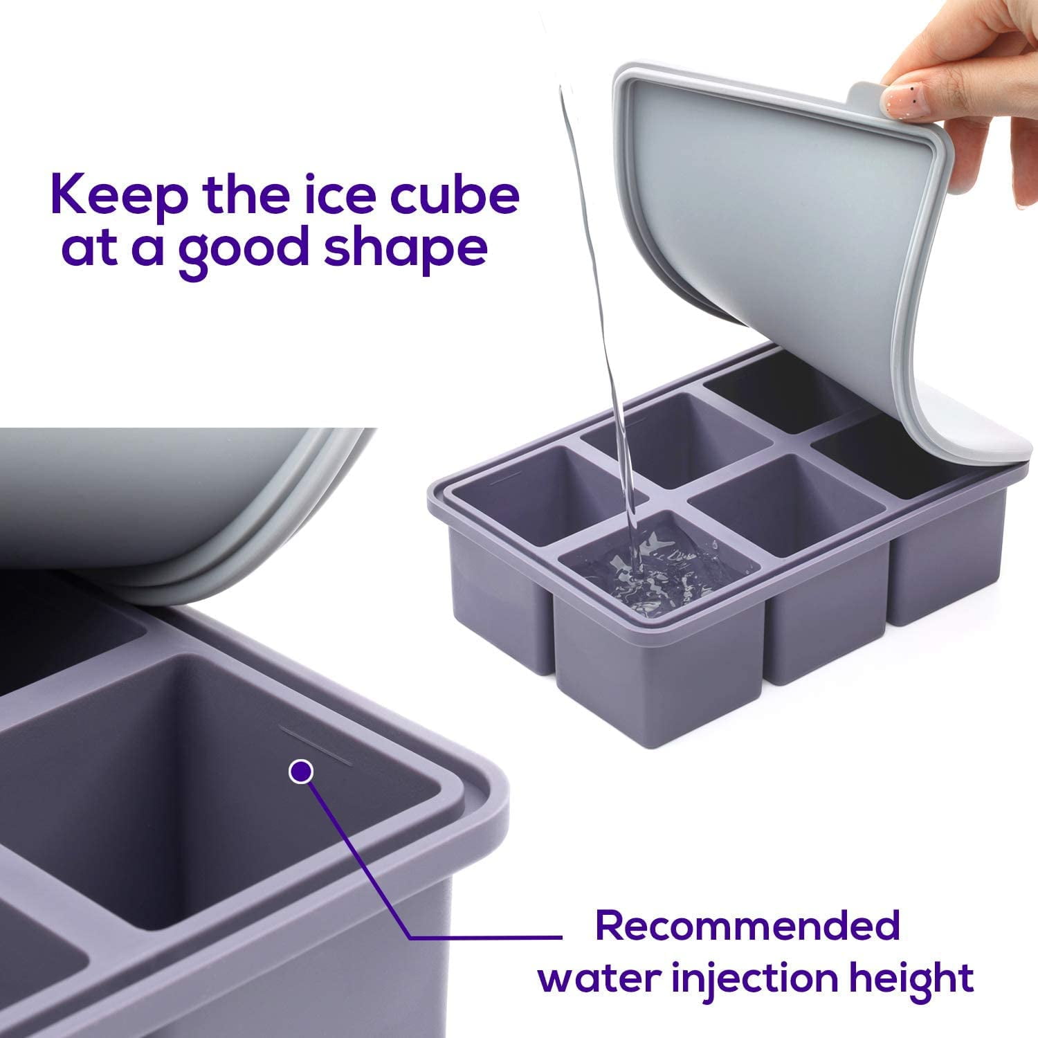 Large Square Ice Cube Tray with lid, Big Block 2 Inch, Giant Cocktail Silicone Ice Maker, Scotch Whiskey Easy Release Reusable Ice Cubes for Soup Freezer Wine Juice