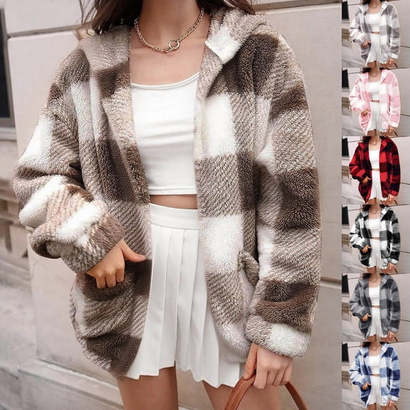 jobturf Hoodies for Women Fall Winter Fashion Plaid Fleece Jacket Soft Comfy Warm Open Front Cardigan Long Sleeve Casual Outerwear with Pockets