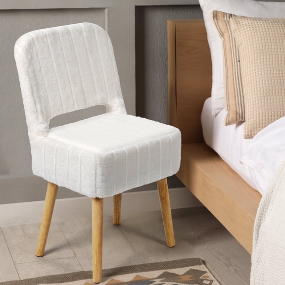 White Faux Fur Storage Ottoman Chair, Foldable Backrest Vanity Stool with Hidden Compartment for Bedroom, Living Room