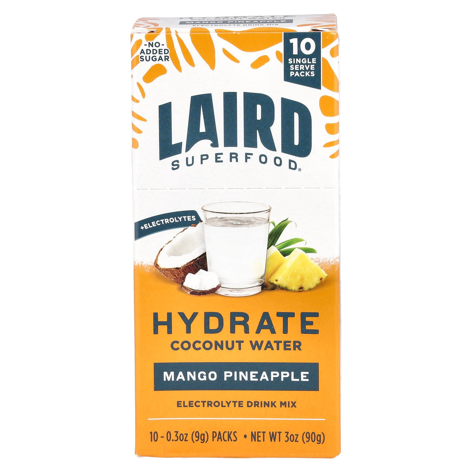 Laird Superfood Hydrate Coconut Water, Electrolyte Drink Mix, Mango Pineapple, 10 Single Serve Packs, 0.3 oz (9 g) Each