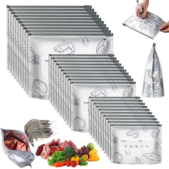 Reusable Aluminum Foil Freshness Seal Bags, 30Pcs Airtight Food Storage Bags with Zip Lock & Label for Vegetables Fruit Meat, 3 Sizes Stand Up Bags