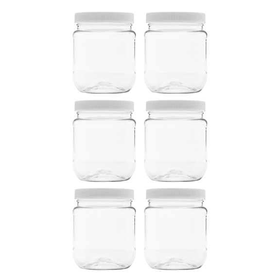 Clearview Containers: 6 Pack - 12 oz (1.5 Cup) Plastic Storage Jars with 70-450 Leak Proof White Lid, Food Grade, BPA Free, Hand Wash Only (12oz, 6pk)