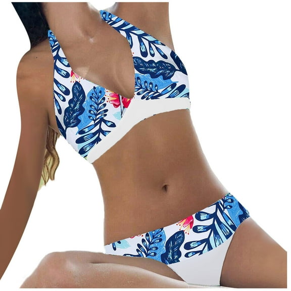 Elainilye Fashion Bikinis Sets for Women Sexy Flower Printing Backless Bikini Two-Pieces Swimwear Swimsuit Beachwear Set,Blue