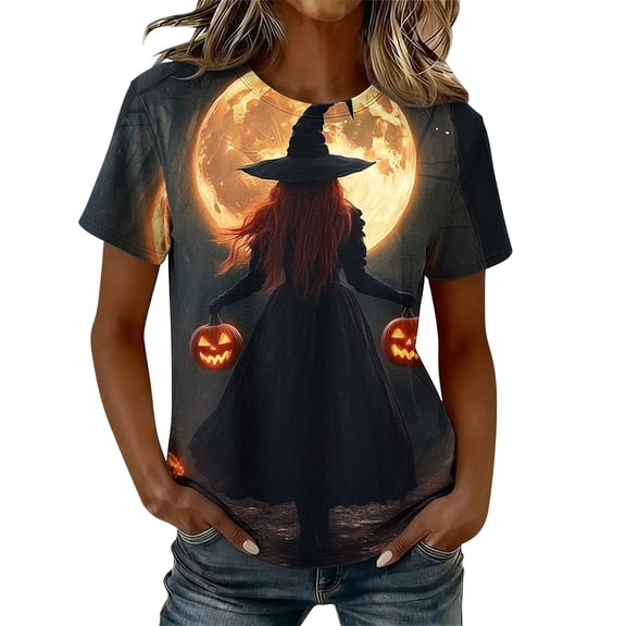 Craaazy Halloween Tops for Women Loose Fit Multicolor Round Neck Casual Short Sleeve Graphic T‑Shirts With Vivid All‑Over Prints for Daily Wear Festival Party