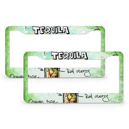 Tequila Sunrise License Plate Frame 2 PCS Summer Cocktail Menu Car License Plate Frame Fits All Car 2 Holes Quality Aluminum Metal License Plate Cover