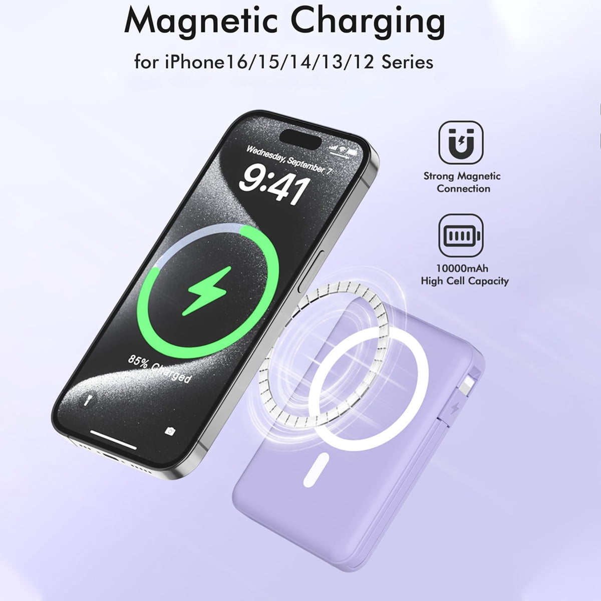Podoru Wireless Portable Charger, 10000mAh Magnetic Power Bank Built-in USB C Lighting Cables 20W PD Fast Charging LED Display Battery Pack for iPhone 16/15/14/13/12/ All Series - Purple