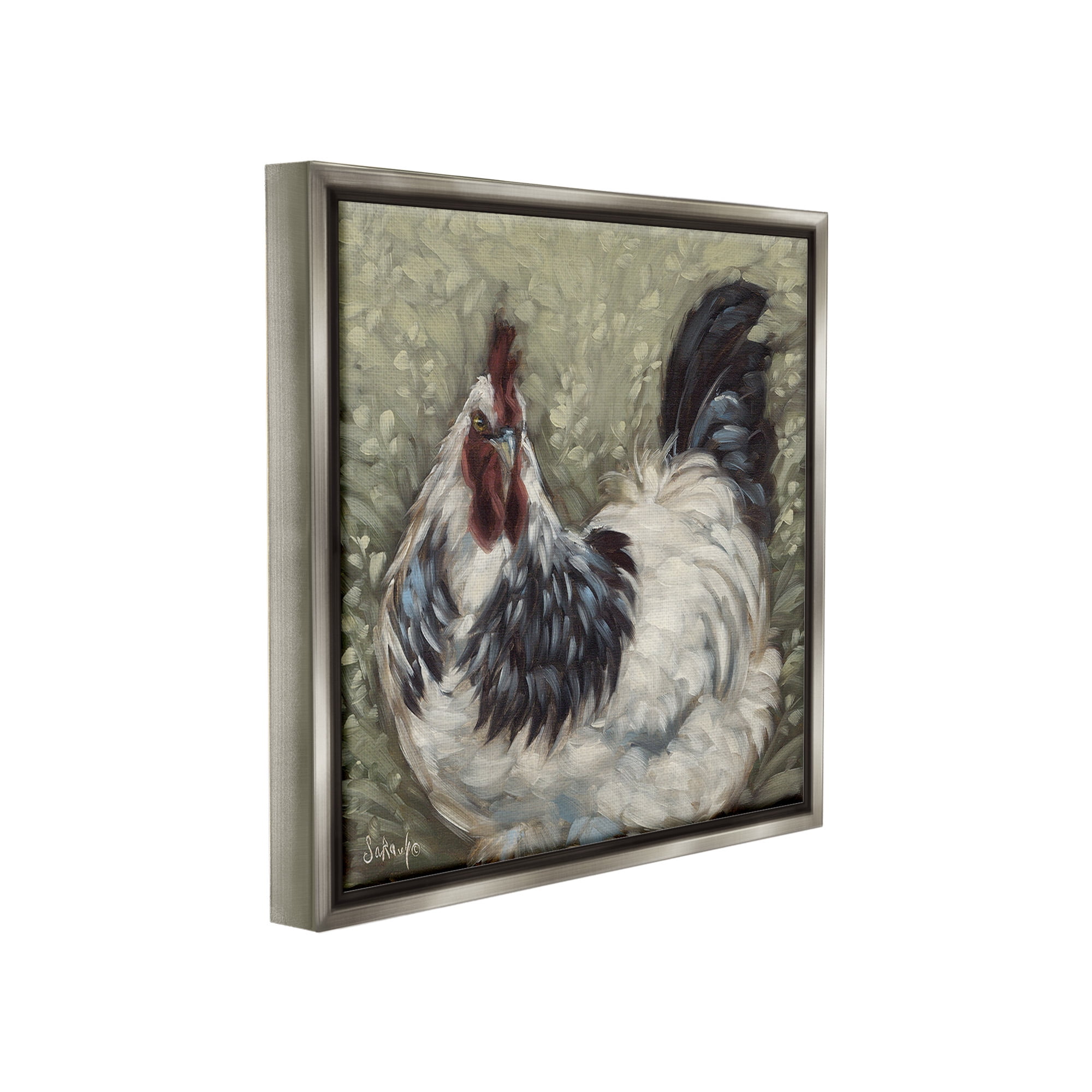Stupell Industries Hen in Country Meadow Animals & Insects Painting Gray Floater Framed Canvas Art Print Wall Art, 18 x 18
