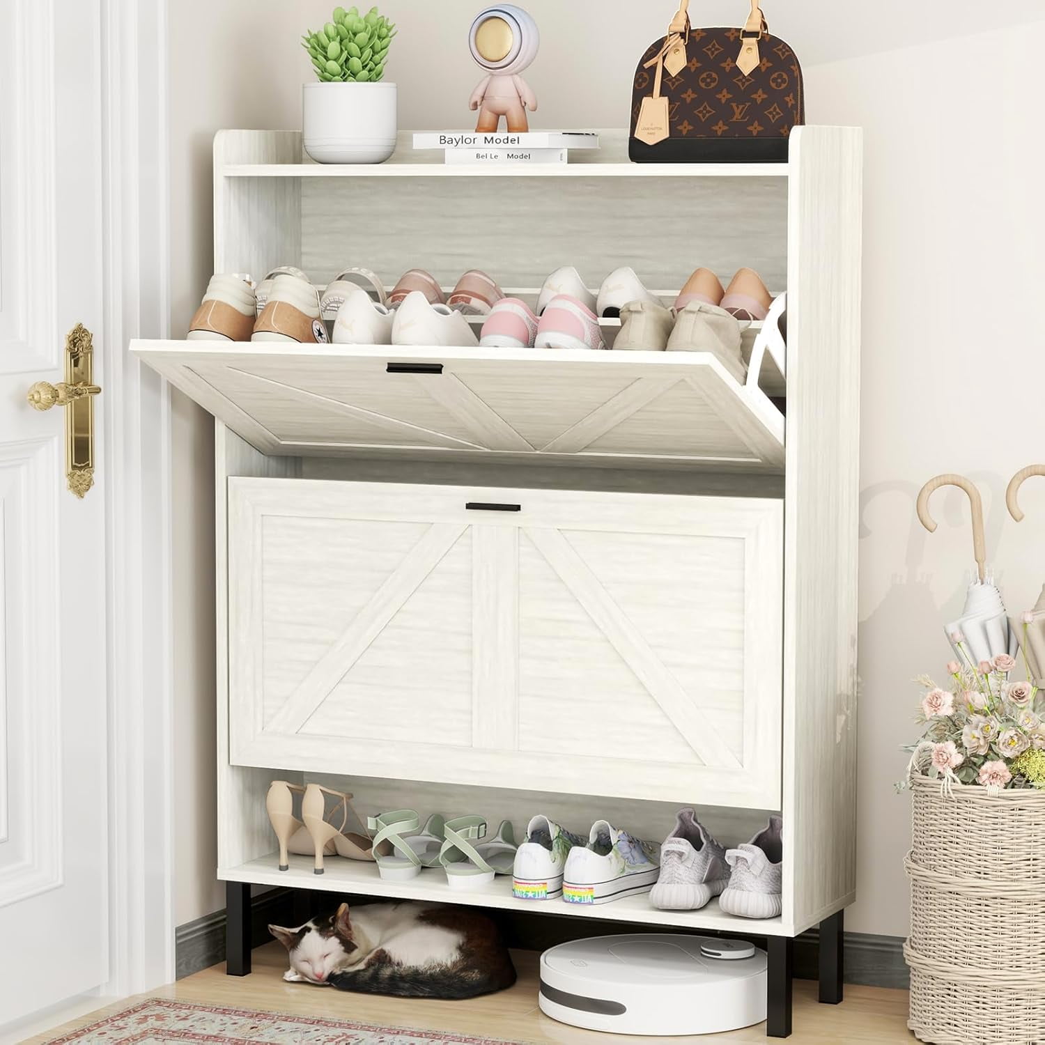 Vinform Farmhouse Shoe Storage Cabinet with 2 Flip Drawers for Entryway, Slim Wood Shoe Cabinet, Freestanding Narrow Shoe Rack Organizer with Metal Legs for Hallway Living Room (Gray)