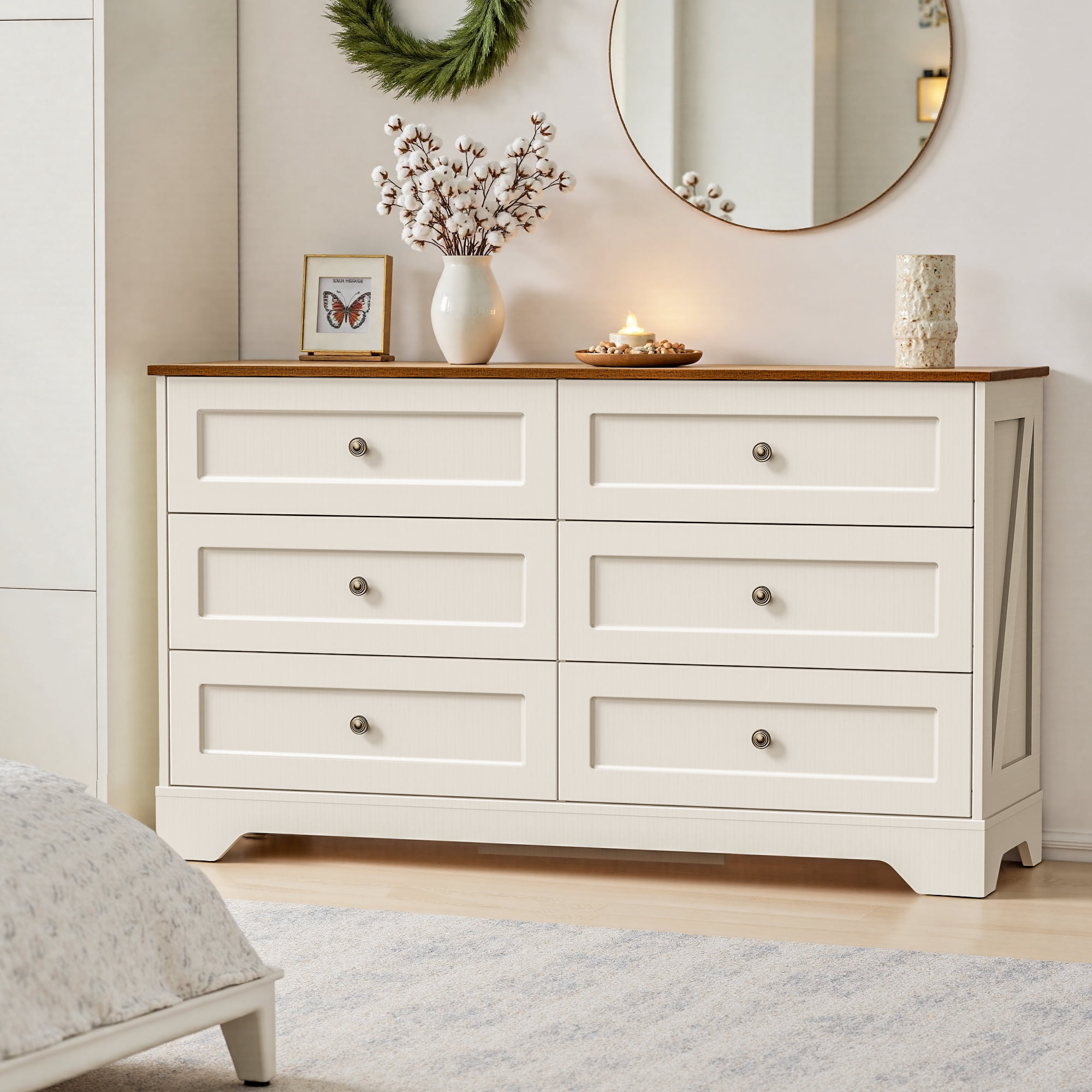 6 Drawers Dresser for Bedroom, 52" White Wood Chest of Drawers with Metal Vintage Handle, Farmhouse Storage Dressers Organizer TV Stand for Living Room, Hallway