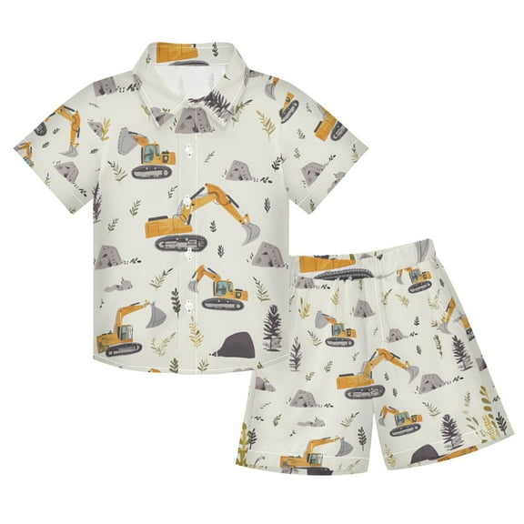 joogoo Boy Shorts Set Cartoon Excavator 2 Piece Short Sleeve Button Down Hawaiian Shirt Shorts 5-6T