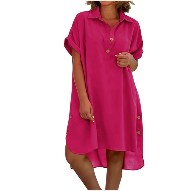Staron Robes d'Été pour Femmes en Liquidation à Moins de 10 $ Robe d'Été à Col en V avec Boutons Tunique à Manches Courtes Col Fendu sur le Côté Robe Courte