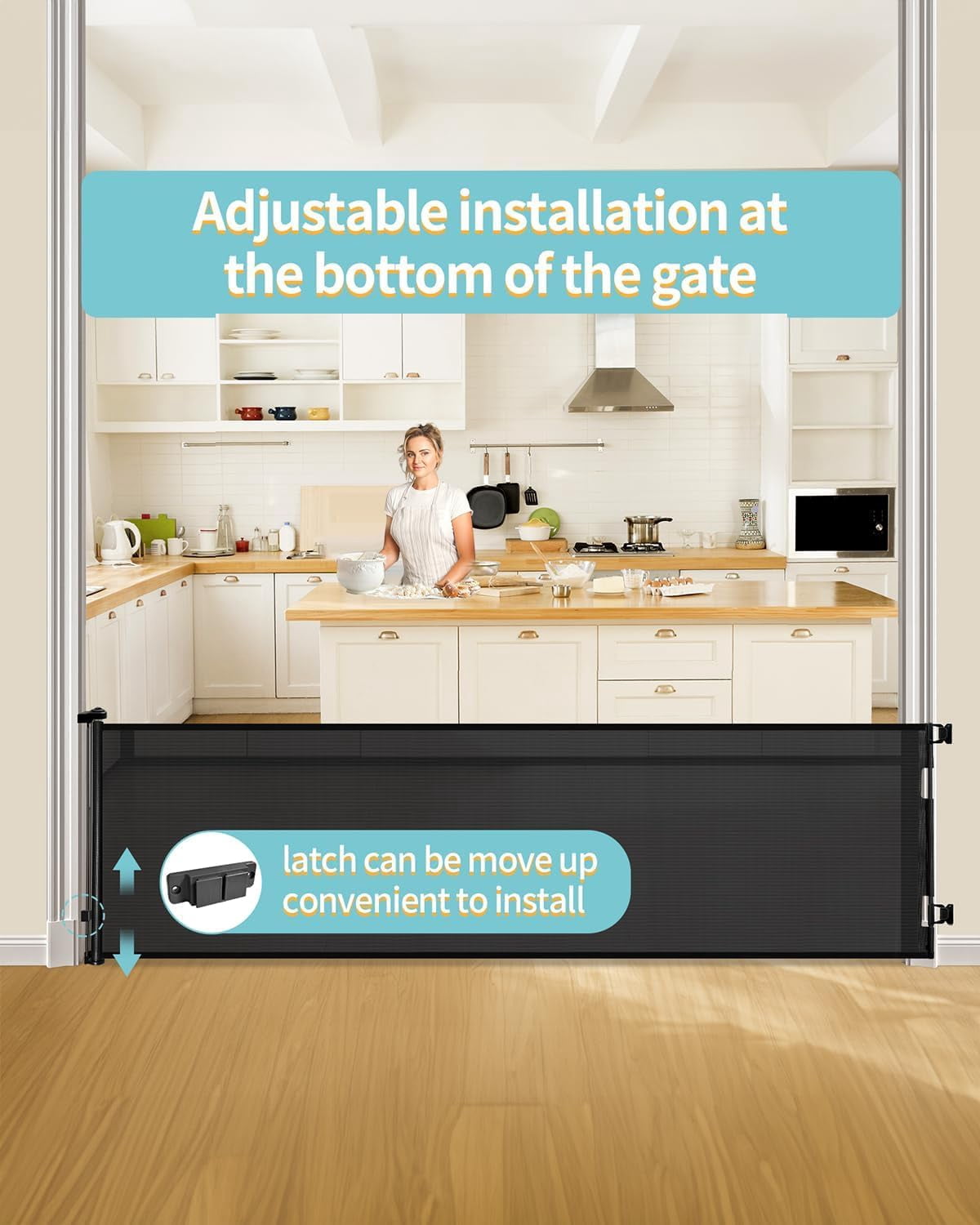 Retractable baby safety gate – width adjustable up to 55 inches – child and pet safety barrier – easy installation, safety latch, grey mesh fabric, suitable for both indoor and outdoor use.