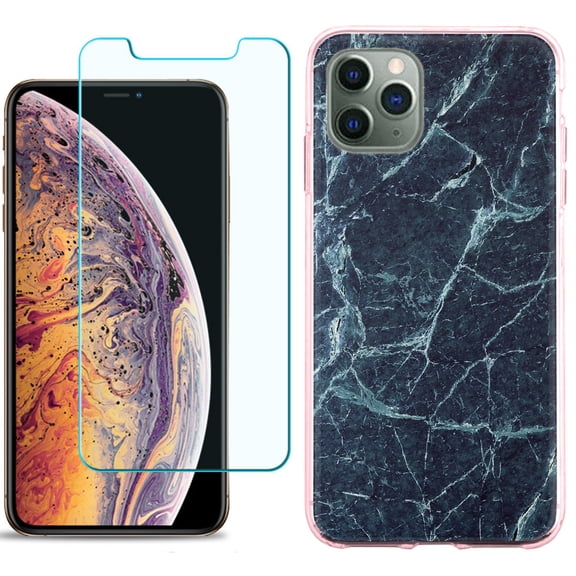 For Apple iPhone 11 PRO Case, Slim-Fit TPU Protective Phone Case (Pink Bezel) with Tempered Glass Screen Protector, by OneToughShield ® - Marble / Blue