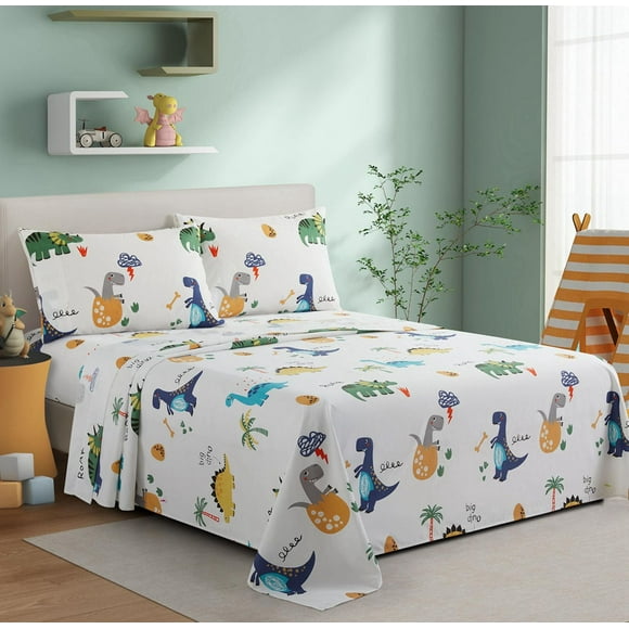 Literie Marina Décoration pour enfants, garçons et tout-petits, imprimée, 600 fils au pouce carré, douce, en mélange de coton percale, toutes saisons, motif dinosaure, zoo, dinosaure