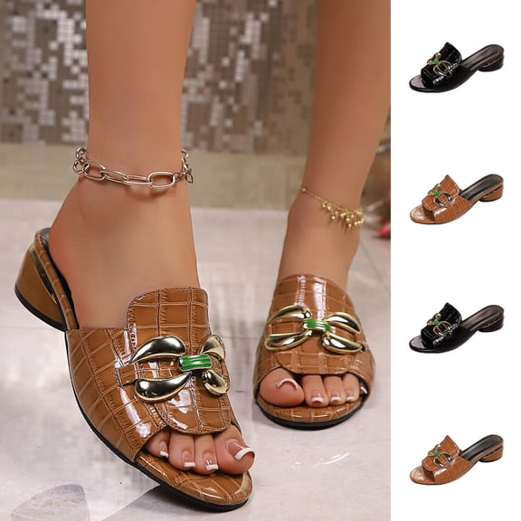 Women's Heeled Sandals for Women Trendy Open Toe Crocodile Embossed Patent Leather Chunky Heel Mules Comfortable Metal Buckle Decor Casual Shoes Fashion Plus Size Black Sandals for Women