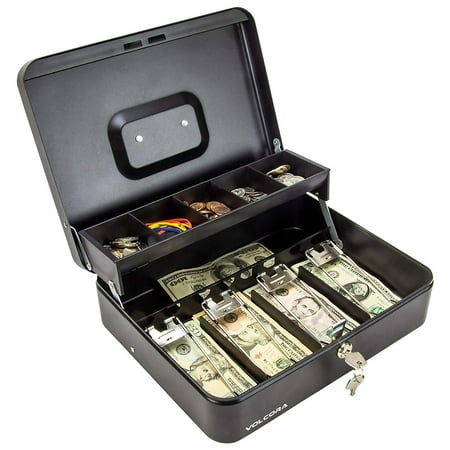 Black Steel Cash Box with Safe Key Lock | Tiered Money Coin Tray and Bill Slots | Portable and Compact | 2 Keys | Metal Lockable Storage Box for Change, Petty Cash, Fundraiser, Garage (Best Place To Change Coins For Cash)